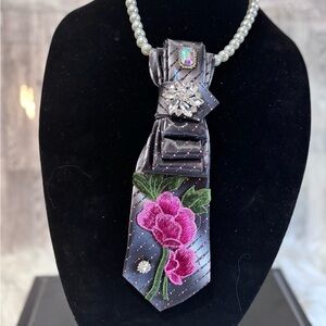 Black Tie with Pink Floral Design and Brooch